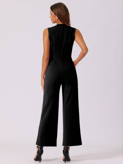 Allegra K - Elegant Wrap V Neck Wide Leg Work Jumpsuit