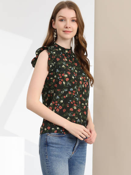 Allegra K - Casual Stand Collar Sleeveless Summer Floral Top