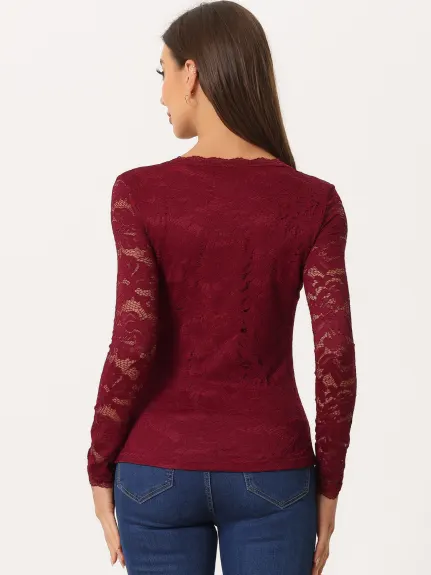 Allegra K- Blouse en dentelle brodée à manches longues et col rond