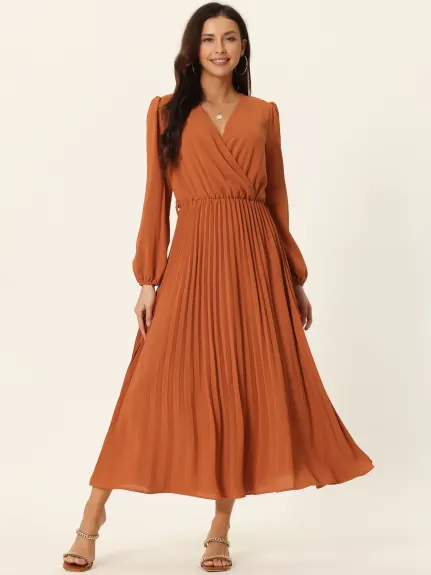 Allegra K- Pleated Puff Long Sleeve V Neck Belt Waist Midi Dress