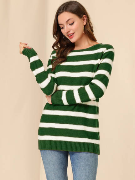 Allegra K- Round Neck Drop Shoulder Loose Striped Tunic Sweater