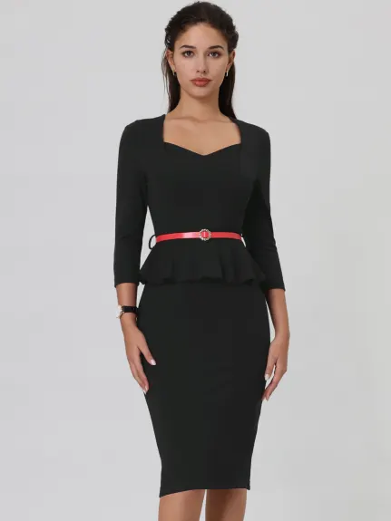 Hobemty- Belted 3/4 Sleeve Peplum Pencil Dress