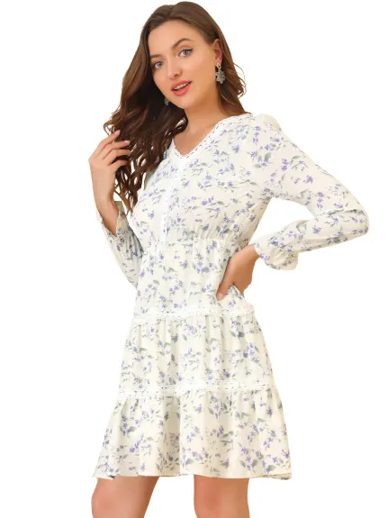 Allegra K- Lace Trim Swing Floral Tiered Dress