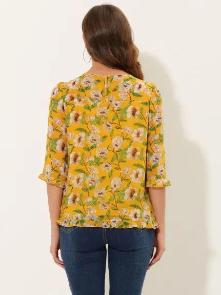 Allegra K- Floral Ruffled 3/4 Sleeve Chiffon Blouse