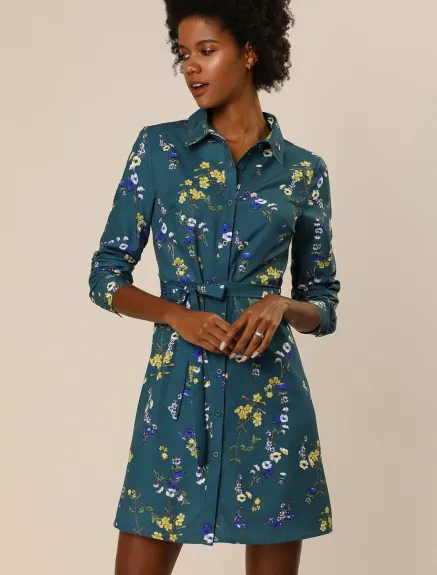 Allegra K- Lapel Button Down Floral Belted Shirt Dress