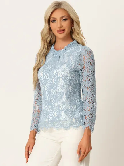 Allegra K- Ruffle Round Neck Long Sleeve Lace Floral Blouse