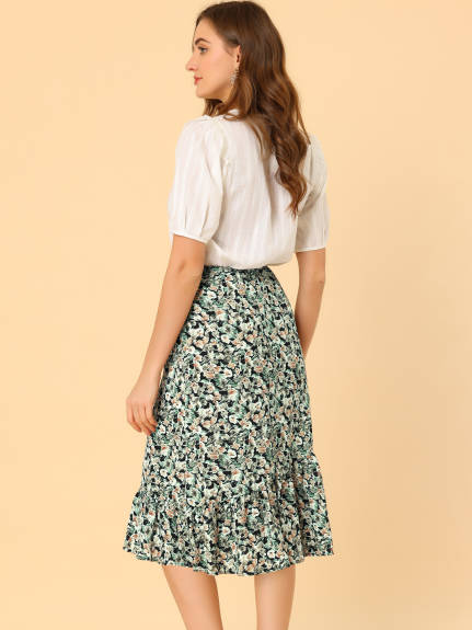 Allegra K- Elastic Waist Ruffle Floral Midi Skirt