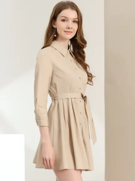Allegra K- robe chemise à col pointu boutonné 3/4 manches ceinturées