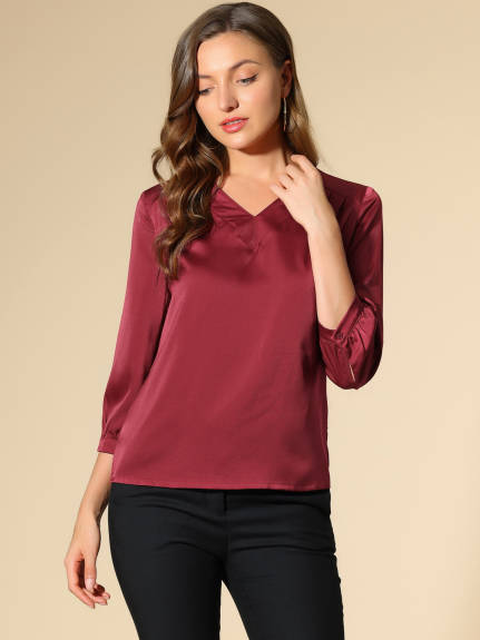 Allegra K- Satin Long Sleeve V Neck Top Shirt Blouse