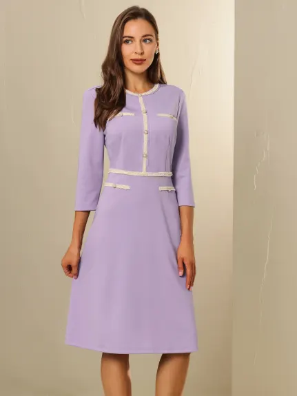 Hobemty- A-Line Contrast Color Tweed Trim Dress
