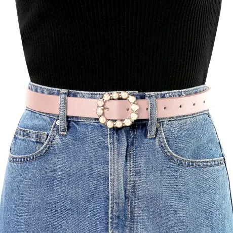 Allegra K- Pearl Waistband Skinny Leather Pin Buckle Belt