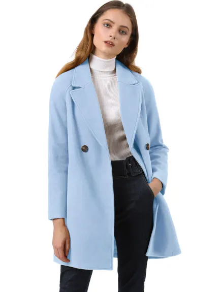 Allegra K- Double Breasted Lapel Raglan Sleeve Mid Length Overcoat