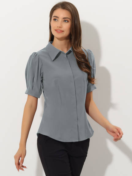 Allegra K- Puff Sleeve Collared Cotton Shirt