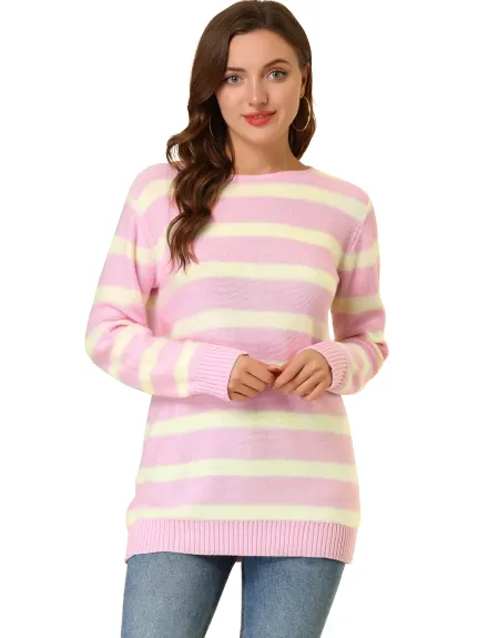 Allegra K- Round Neck Drop Shoulder Loose Striped Tunic Sweater