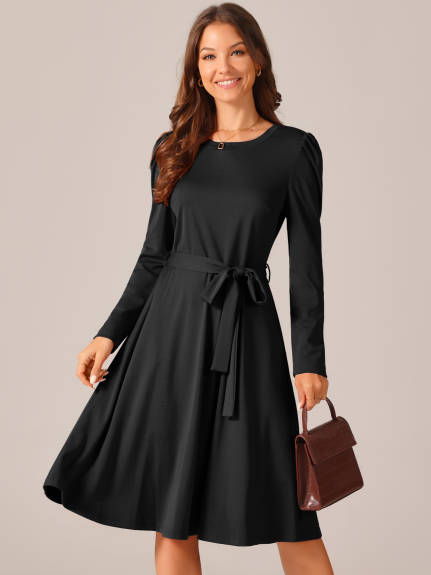 Allegra K - Puff Long Sleeve Tie Waist Casual Dress