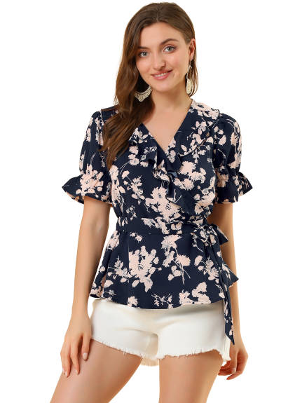 Allegra K- Floral Short Sleeve Ruffled Peplum Blouse