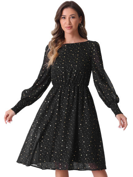 Allegra K - Puff Long Sleeve Gliding Stars Midi Dress