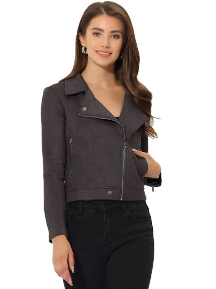 Allegra K- Faux Suede Zip Up Moto Biker Jacket