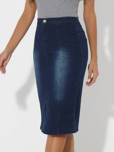 Allegra K- Elastic Waist Split Denim Pencil Skirt