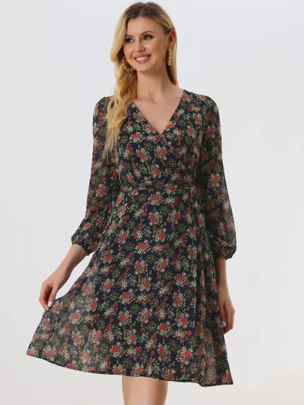 Allegra K- Floral V Neck Tie Waist Bishop Sleeve Wrap Midi Dress