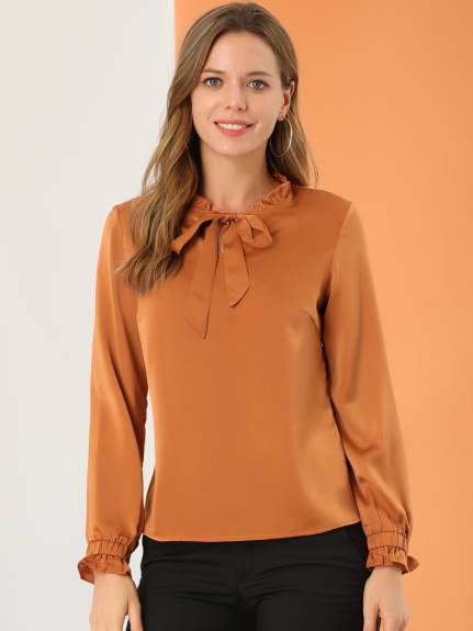 Allegra K- Satin Ruffle Tie Neck Long Sleeve Blouse