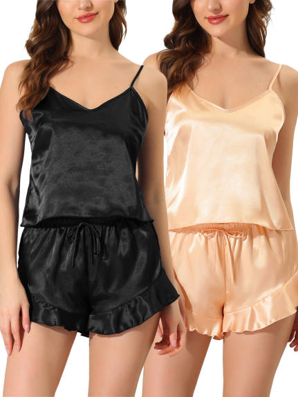 cheibear - Satin Ruffle Cami Pajamas Sets 2-Pack, Black