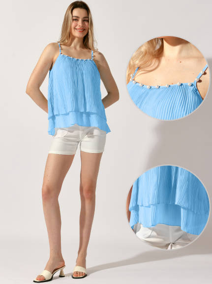 Allegra K - Double-Layer Pleated Ruffle Spaghetti Strap Top