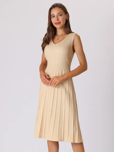 Hobemty- V Neck Knit Pleated Midi Dress