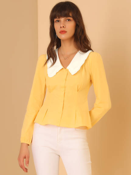 Allegra K - Contrast Peter Pan Collar Cotton Shirt