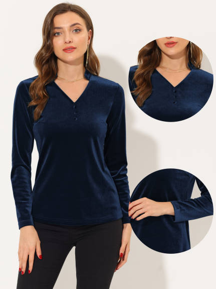 Allegra K- Long Sleeve V Neck Velvet Shirt