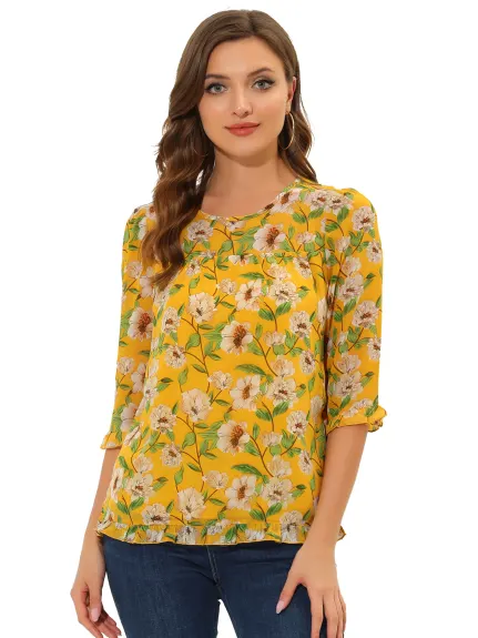 Allegra K- Floral Ruffled 3/4 Sleeve Chiffon Blouse