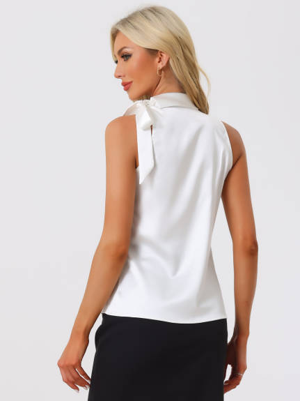 Allegra K - Satin Sleeveless Tie Neck Work Blouse