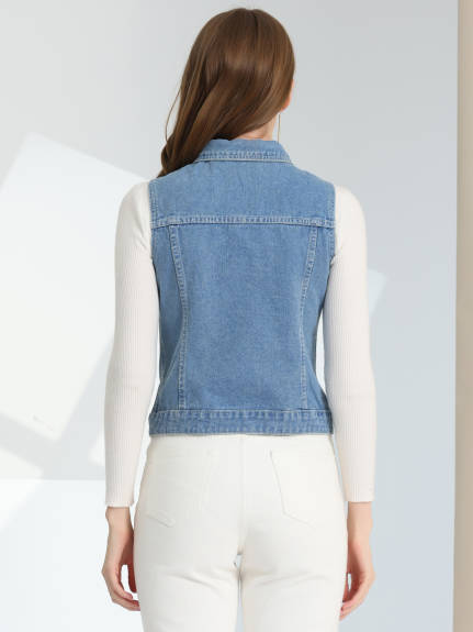 Allegra K- Washed Denim Buttoned Vest with Flap Pockets