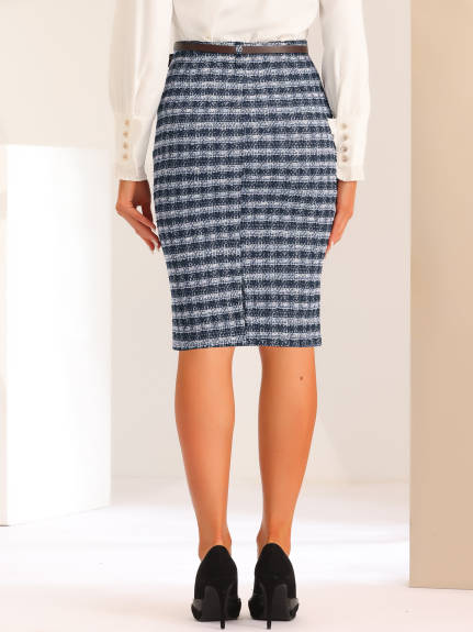 Allegra K- Plaid Tweed Belted High Waist Knee Length Skirt