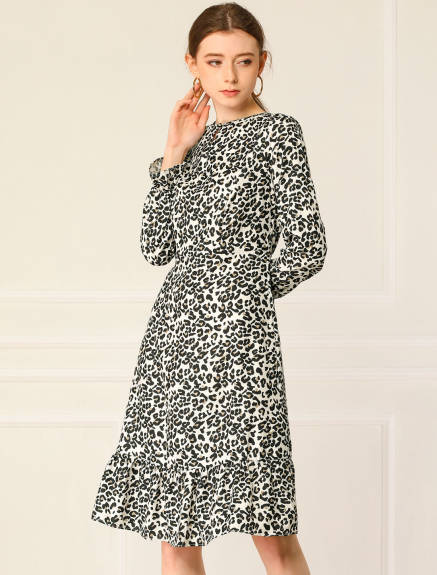 Allegra K- Printed Long Sleeves Ruffle Hem Dress