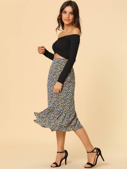 Allegra K- Zipper Printed Chiffon Ruffle Tiered Midi Skirt