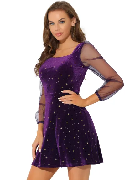 Allegra K- Mesh Sheer Puff Sleeve Square Neck Velvet Star Dress