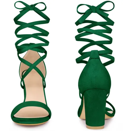 Allegra K - Open Toe Lace Up Tie up Chunky Heeled Sandals