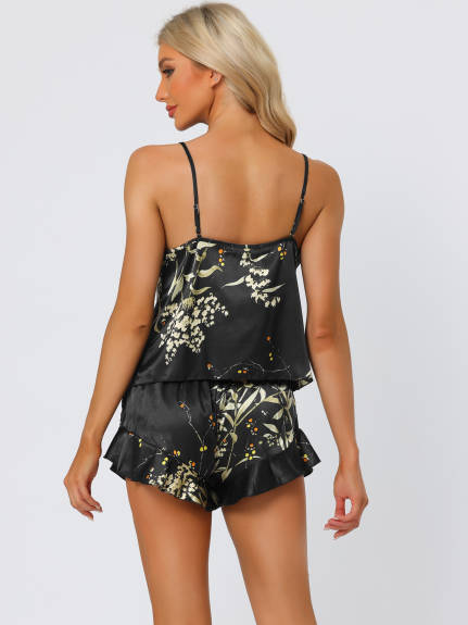 cheibear - Printed Cami Top Ruffled Shorts Pajamas Set