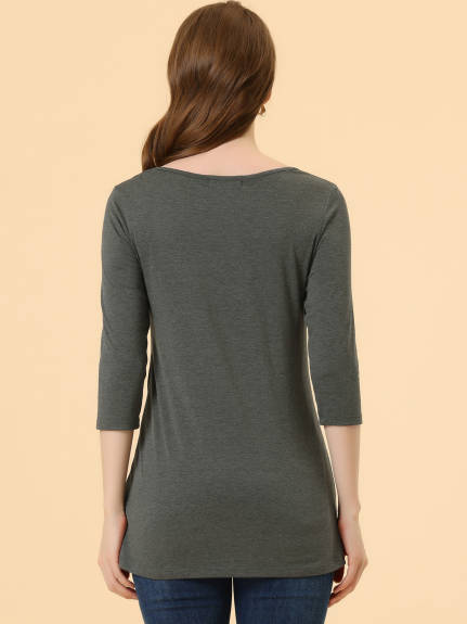 Allegra K- 3/4 Sleeve Tunic Asymmetry Button Top