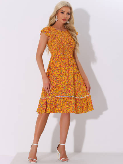 Allegra K - Fit and Flare Floral Midi Smocked Dress