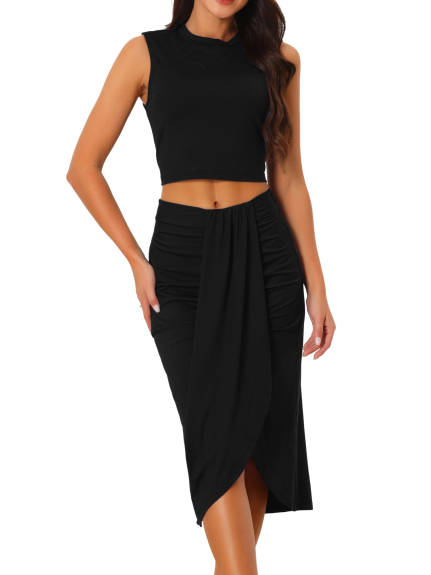 Allegra K- Sleeveless Crop Top and Split Skirt Set