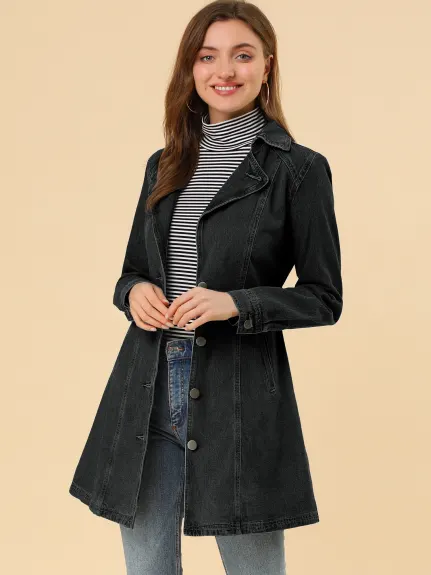 Allegra K - Veste longue en jean avec ceinture et bouton à revers cranté