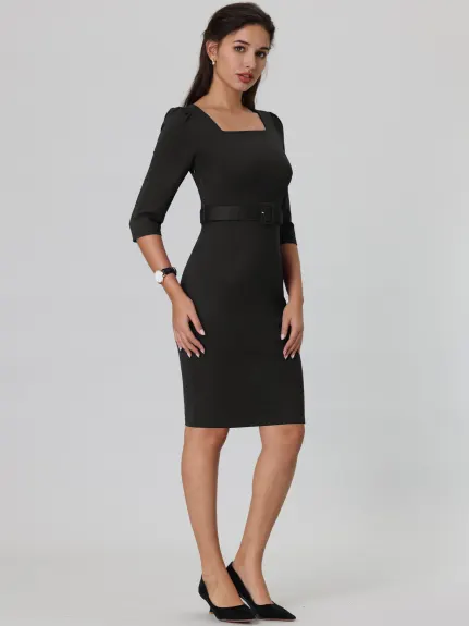 Hobemty- Square Neck Puff Sleeve Belted Pencil Dress