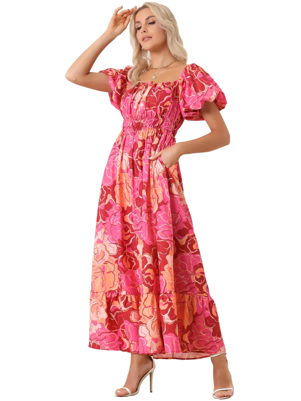 Allegra K- Floral Puff Short Sleeves Maxi Dress