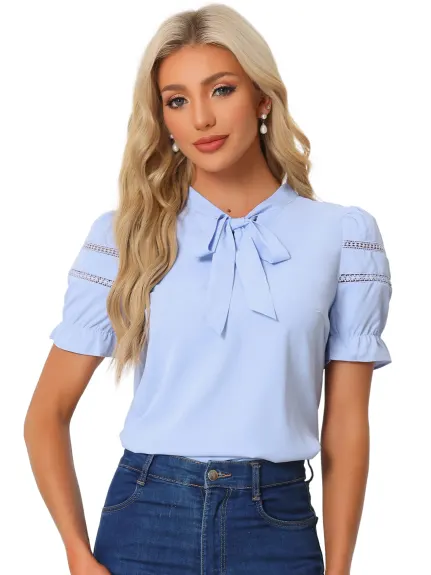 Allegra K- Ruffle Cuff Short Sleeve Bow Tie Collar Top