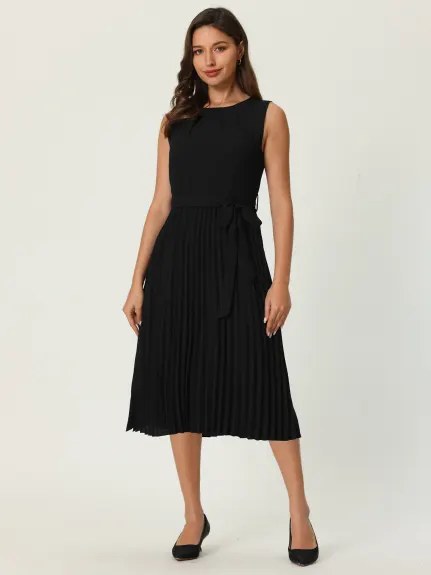 Hobemty- Sleeveless Pleated Tie Waist Dress