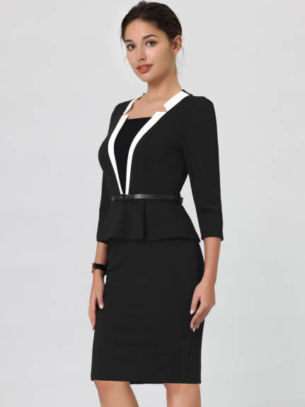 Hobemty- Notch Collar Peplum Pencil Dress