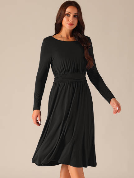 Allegra K - Long Sleeve Crewneck Midi Dress with Pockets