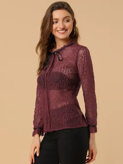 Allegra K- Lace Floral Semi Sheer Long Sleeve Blouse